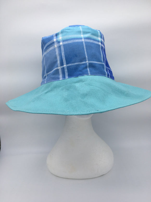 Retro Sun Hat-  Blue Check
